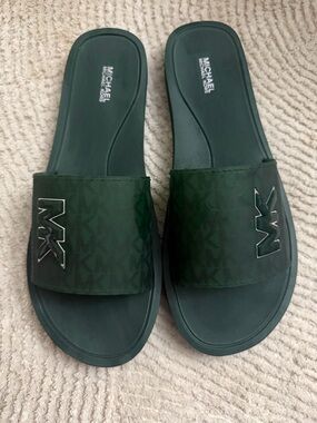 Michael Kors Dark Green MK Logo Slide Sandals